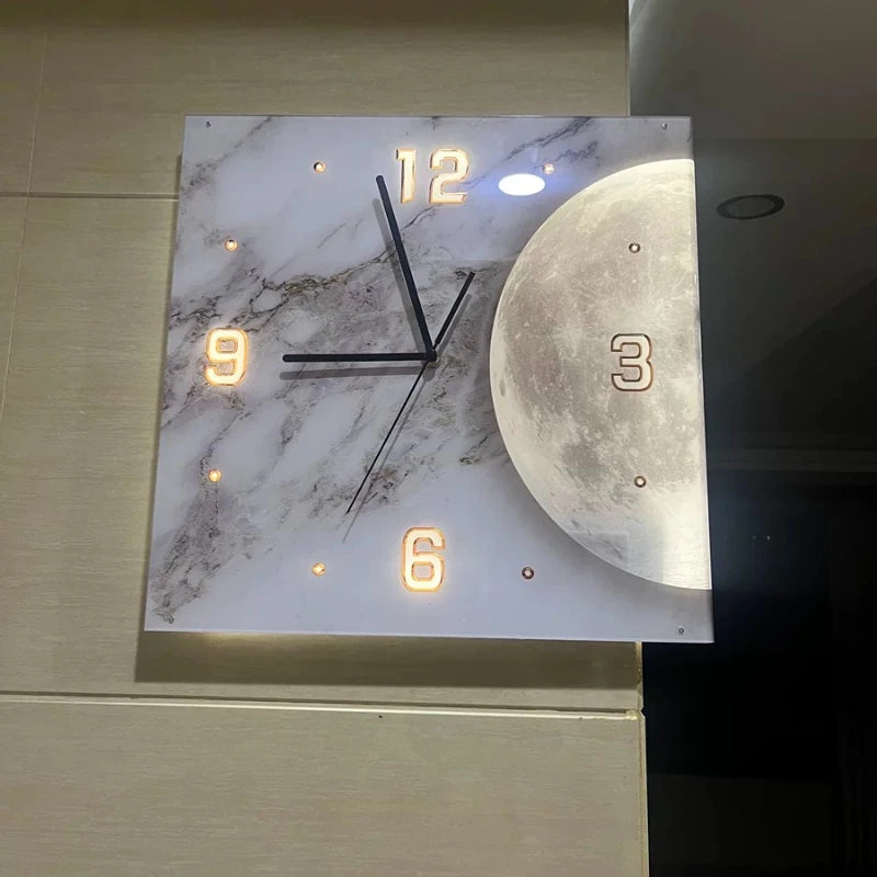 Corner Wall Clock Double Sided Modern LED Clocks Wall Lamp Moon Living Room Decoration Digital 3D Watches Reloj De Pared Hierro