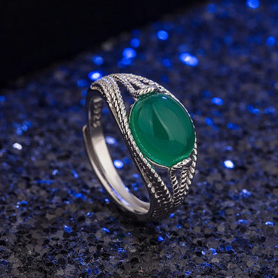 WOSIKATE Vintage Green Agate Fashion Ring For Women 925 Sterling Silver Jewellery Open Size Finger Ring