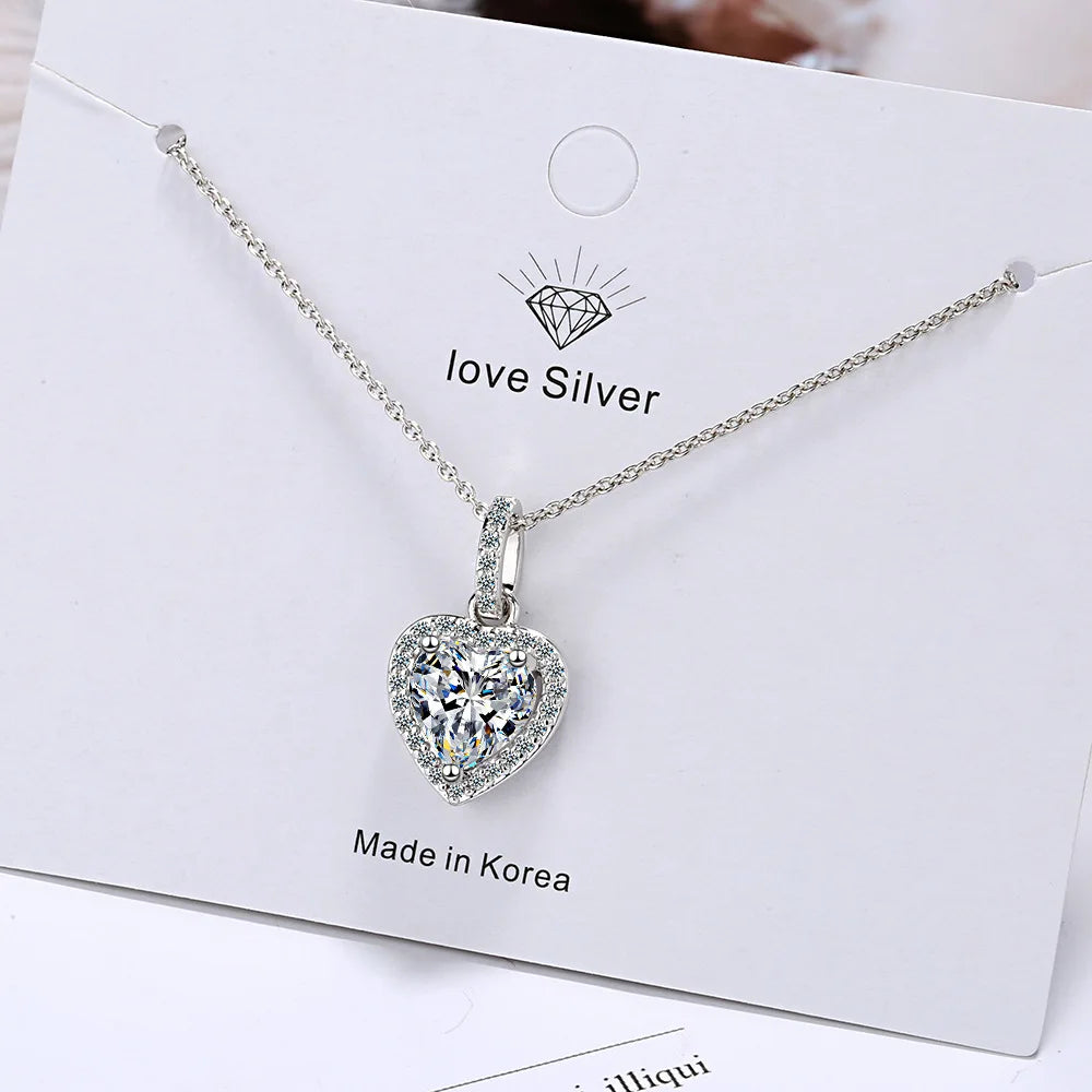 S925 Sterling Silver Zircon Women's Heart-Shaped Full Diamond Short Clavicle Chain Simple Love Pendant Necklace