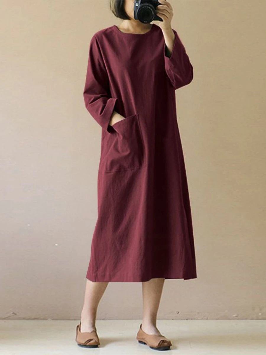 Women Dresses One Piece Set Cotton Linen Frock Thin Long Sleeved Medium Length Straight Tube Dress Loose Casual Outfits 2024