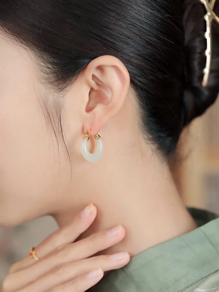 Natural White Jade Crescent Hoop Earrings Women Fine Jewelry Genuine Hetian Jades Nephrite Crescent Moon Dangle Earring
