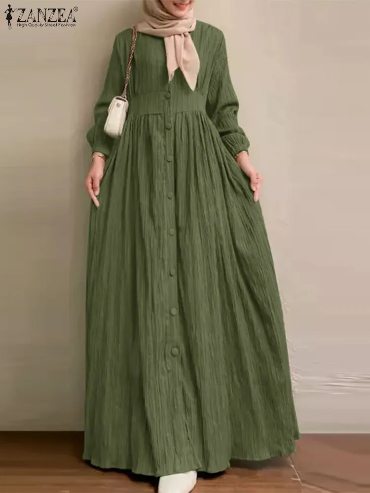 Women Vintage Long Sleeve Muslim Maxi Dress ZANZEA 2023 Autumn Elegant Casual Buttons Down Sundress Dubai Islamic Clothing Abaya