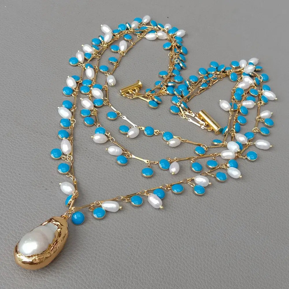 3 Strands 19'' Freshwater White Rice Pearl Blue Enamel Chain Necklace Keshi Pendant