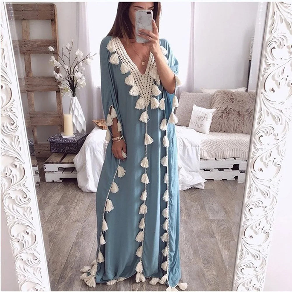 Abaya Women Middle East V-neck Smock Tassel Splicing Ceremonial Dress Spring Summer Fashion Traditional Festival Female Clothing