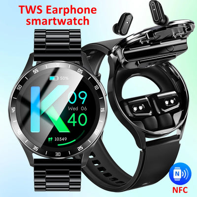 New 1.39" Watch Men 2 In 1 TWS Earphone Smartwatch Sport Music HIFI Stereo Wireless Headset Heartrate Waterproof Smartwatch NFC