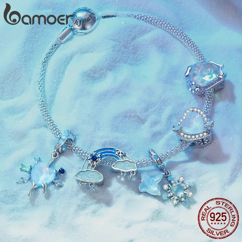 Bamoer 925 Sterling Silver Snow Butterfly Heart Love Charm Pendant Ice Flower Beads Women Fit Bracelet DIY Necklace Jewelry Gift