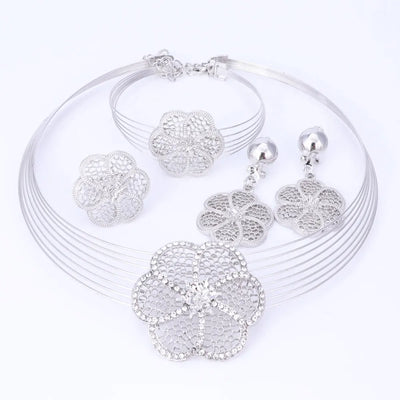 Vintage Rhinestone Flower Pendant Necklace Earrings Bracelet Ring Set Silver Plated African Bridal Wedding Costume Jewelry Sets