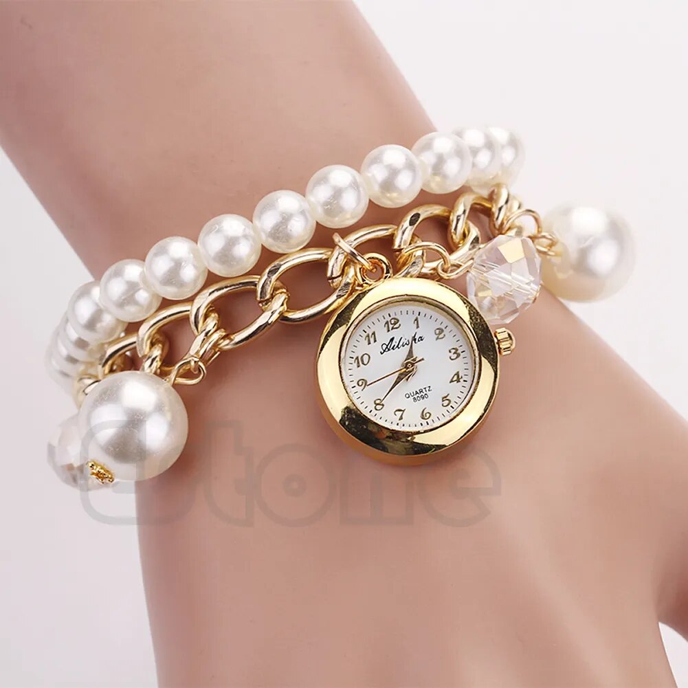 Women Faux Pearl for rhinestone Chain Bracelet Round Dial Analog FASHION Wrist  X90C