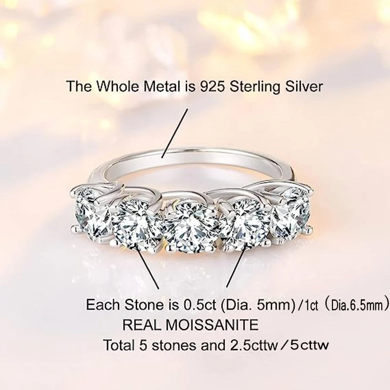 925 Sterling Silver 2.5-5 Carat Moissanite Diamond 5 Pcs Half Row Luxury Ring Trend Fashion Men Ladies Birthday Gift Wedding