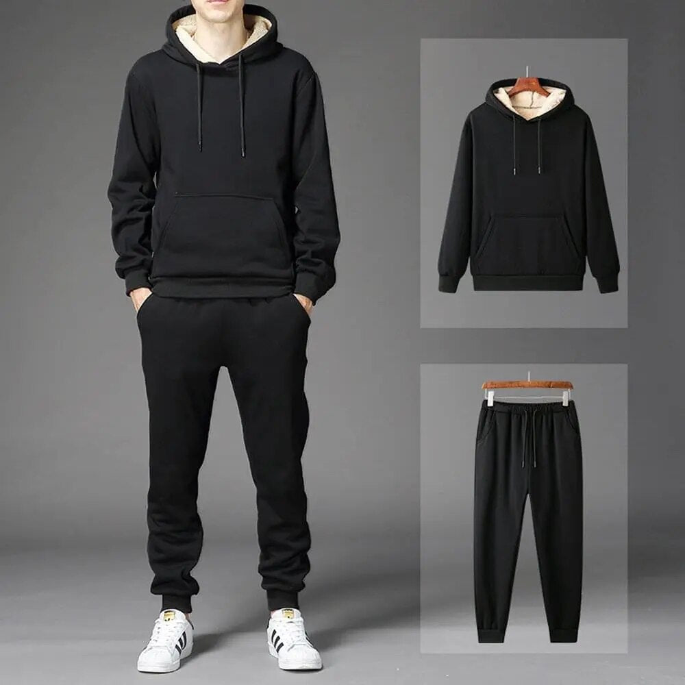 Winter Cashmere Thicken Suit Men's Casual Sports Suit Lambswool Warm Two-piece Set Sportswear Unisex Fleece Hoodies Sweatpants