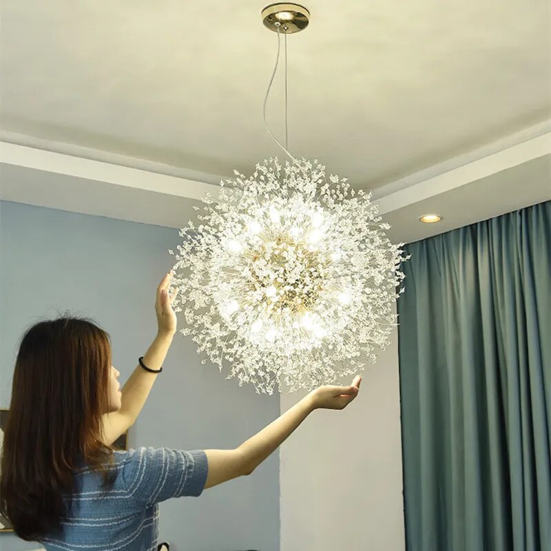 Dandelion Crystal Chandelier Lighting Modern Silver LED Pendant Lamp Dining Room Decor Ceiling Lustre Bedroom Suspension Lampara