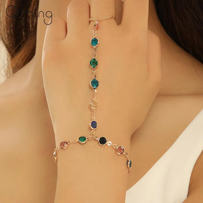 Colorful Zircon Crystal Link Chain Wrist Bracelet For Women Finger Ring Bracelets Trend Statement Jewelry