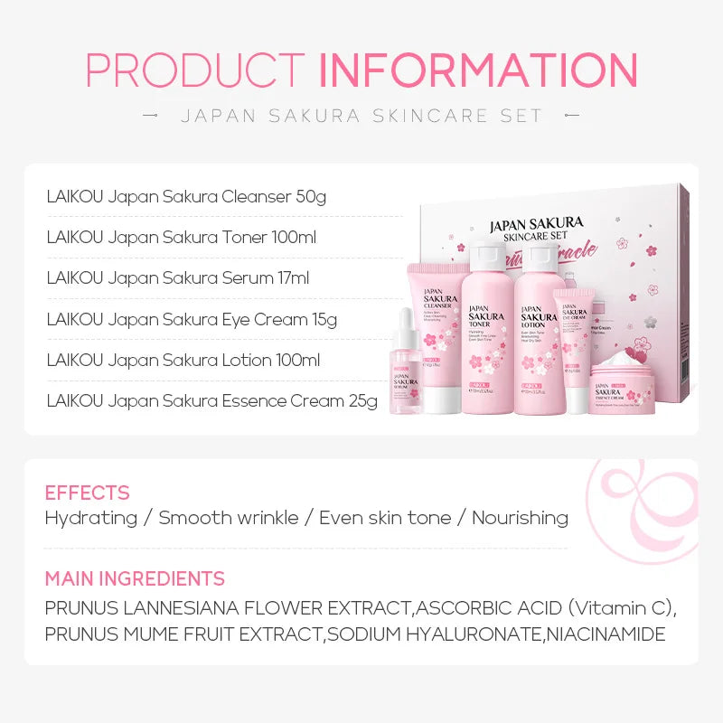 LAIKOU Sakura Skin Care Sets Facial Cleanser Eye Creams Face Cream Serum Lotion Toner Brightening Moisturizing Face Care Kit