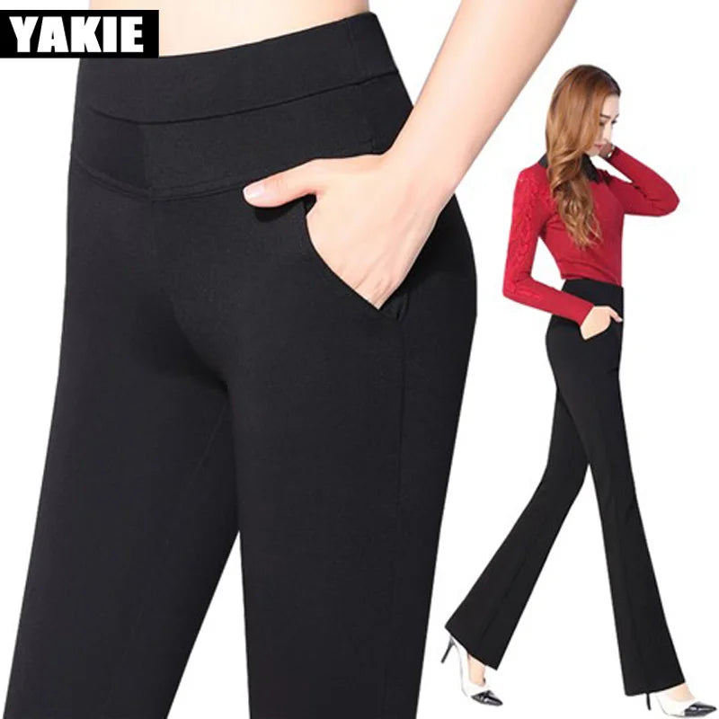 Vintage Office skinny Women Pants Trousers Zipper High Waist Pocket Flare pants formal OL Office Career Capris Work Wear Black