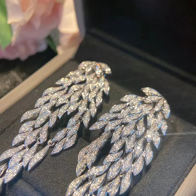 S925 Silver Needle Multi-layer Leaves Exaggerated Tassel Crystal Drop Earrings For Women Wedding Party Jewelry Christmas Gift