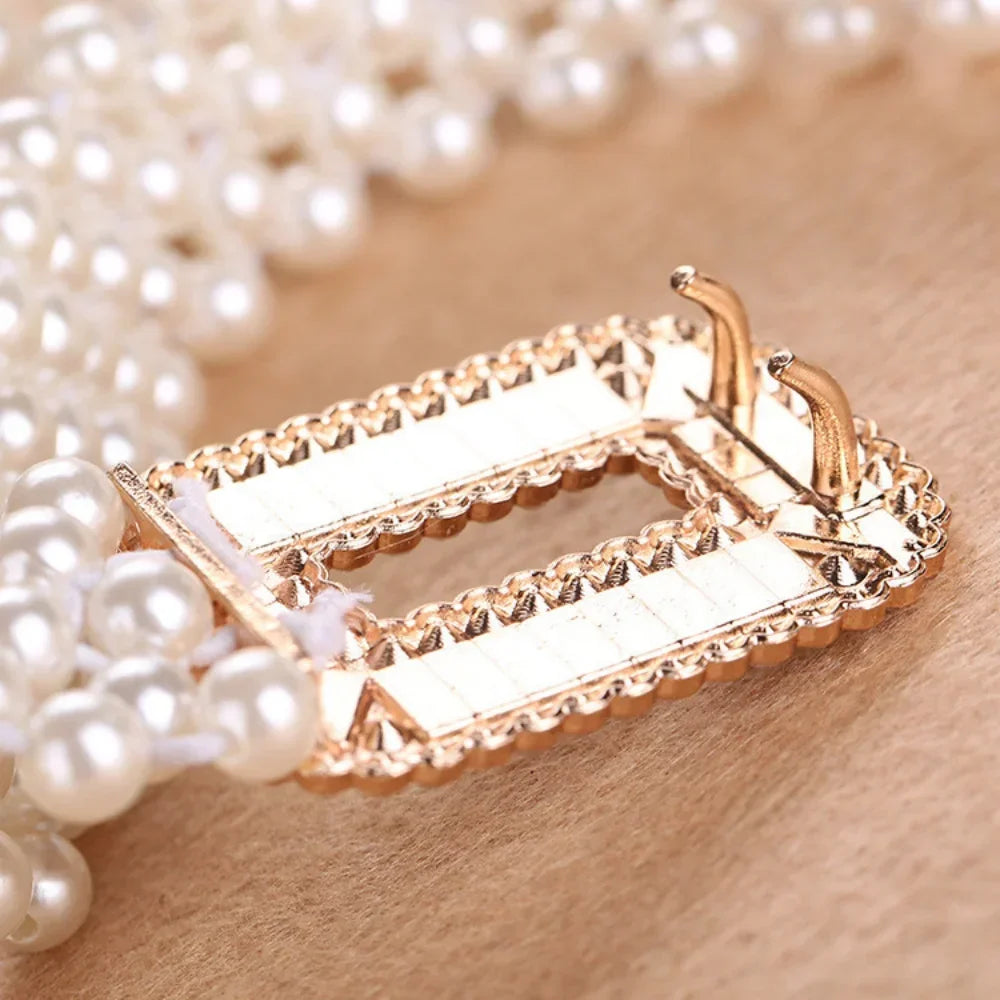 2024 Elegant Women's Pearl Belt Elastic Buckle Pearl Chain Belt Women's Daily Versatile Dress Pearl Elastic Belt Women's