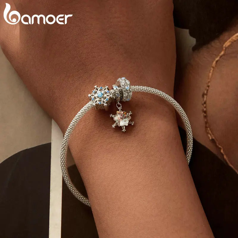 Bamoer 925 Sterling Silver Snow Butterfly Heart Love Charm Pendant Ice Flower Beads Women Fit Bracelet DIY Necklace Jewelry Gift