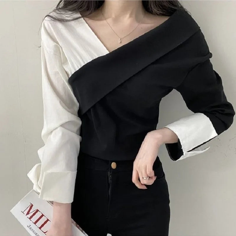 Autumn Women Shirts Long Sleeve Vintage Contrast Patchwork Shirts Women Fashion Streetwear V Neck Ladies Tops Clothing