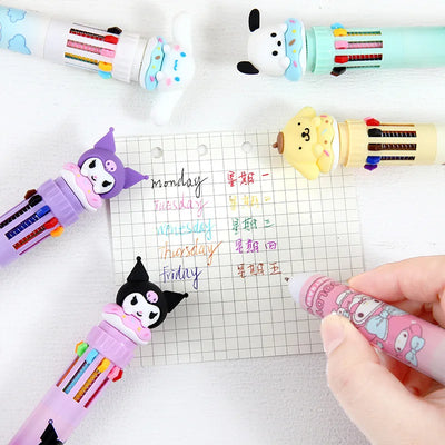 Sanrio Press Ten Color Ballpoint Pen Cartoon Kawaii Kuromi Multi-color Students Gel Pen Melody Sanrio Stationery Write Cute Pens