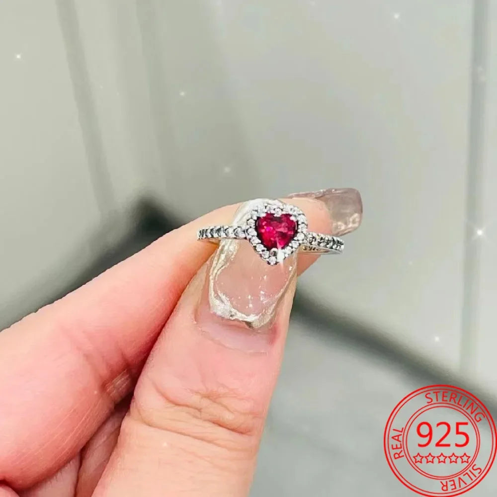 New 925 Sterling Silver Sparkling Heart Halo Pendant Collier Necklace Red Heart Ring Round Hoop Earrings Women Jewelry Set Gift