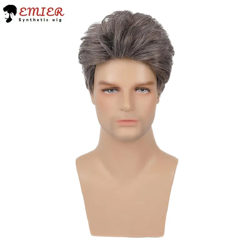 Short Mens Grey Wig Layered Natural Hair Mixed Grey Hair Heat Resistant Straight Synthetic Wigs With Bangs Cosplay Daily Use Wig