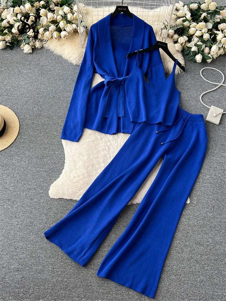 SINGREINY Office Lady Three Pieces Suits Loose Belt Cardigan+Tank Tops+Drawstring Wide Legs Long Pants Autumn Fashion Solid Sets