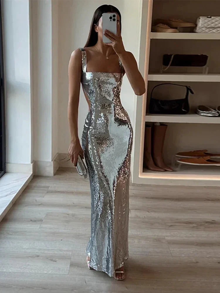 2024 Summer Sequin Sexy Backless Suspender Long Dress Women's Silver Sleeveless Slim Hip Pack Evening Dress Club Robe