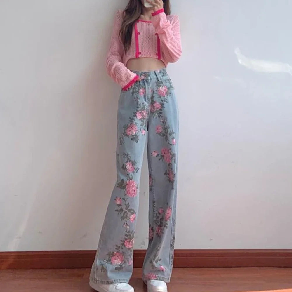 With Print Pattern Straight Leg Blue Female Denim Pants Trousers Women's Jeans Graphic High Waist Shot Pockets Cool Hippie Emo R