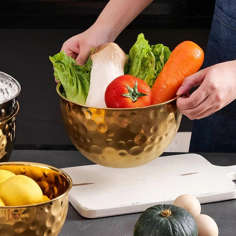 Gold Stainless Steel Hammer Point Fruit Bowl Salad Plate Egg Pot Thickened Baking Mixing Cooking Bowl Creative Decoration