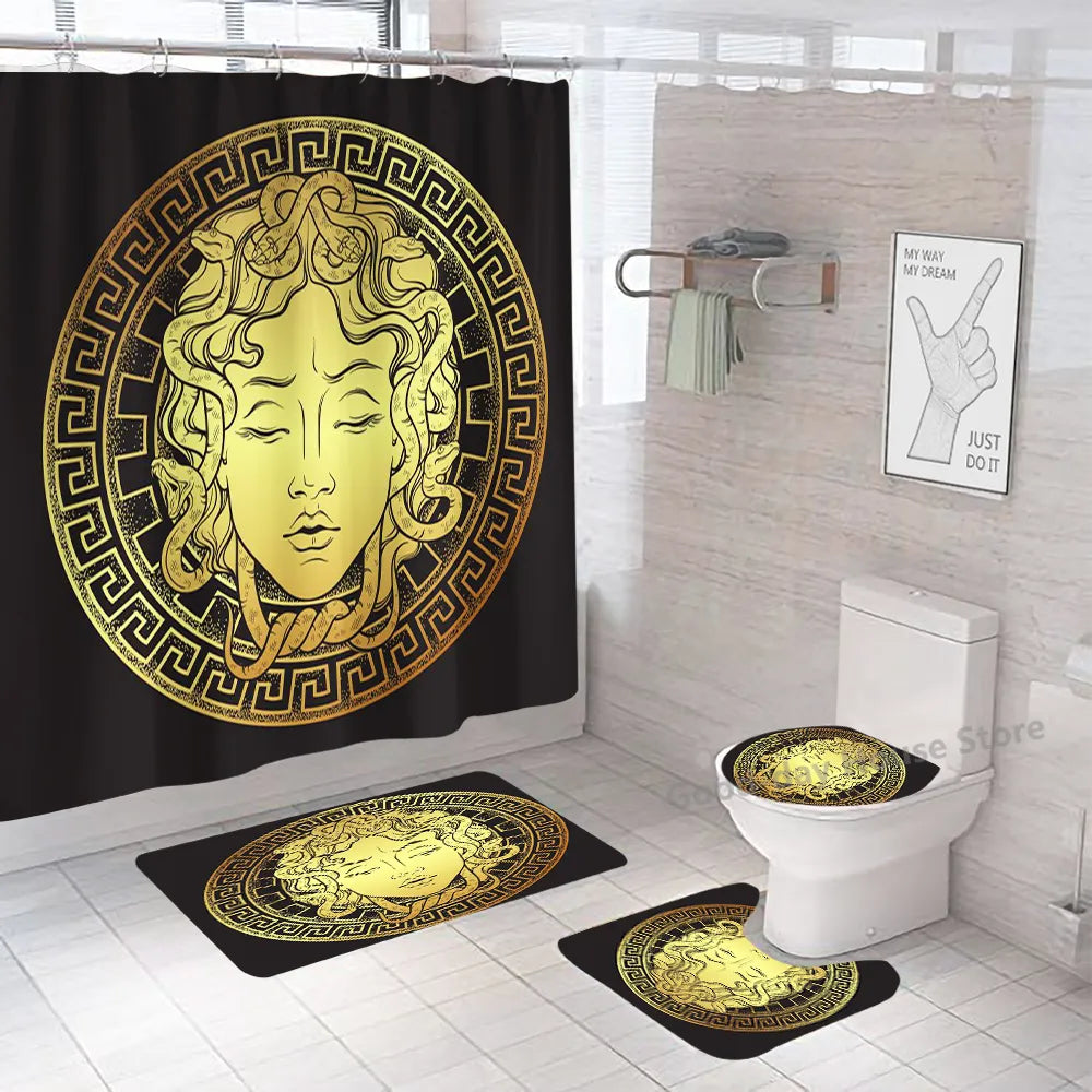 Shower Curtain Sets Luxury Black Gold Polyester Fabric Washable Bath Curtains 3D Marble Toilet Cover Bathroom Accessories Sets