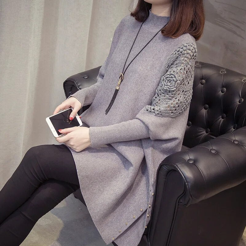 2024 Autumn And Winter New Loose Sweater Coat Women's Half-high Collar Pullover Wrap Swing Beading