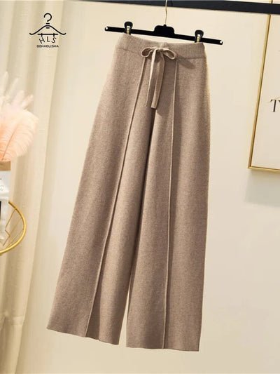 Women Dropped Knitted Wide Leg Pants 2023 Korean Fashion High Waisted Straight Knit Pants Autumn Winter Loose Casual  Trousers