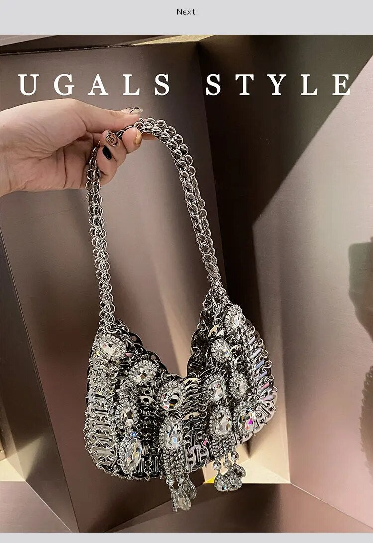 Shiny Metal Handmade Woven Handbag Crystal Rhinestone Diamond Evening Bag Dinner Party Clutch Purse Women Shoulder Crossbody Bag