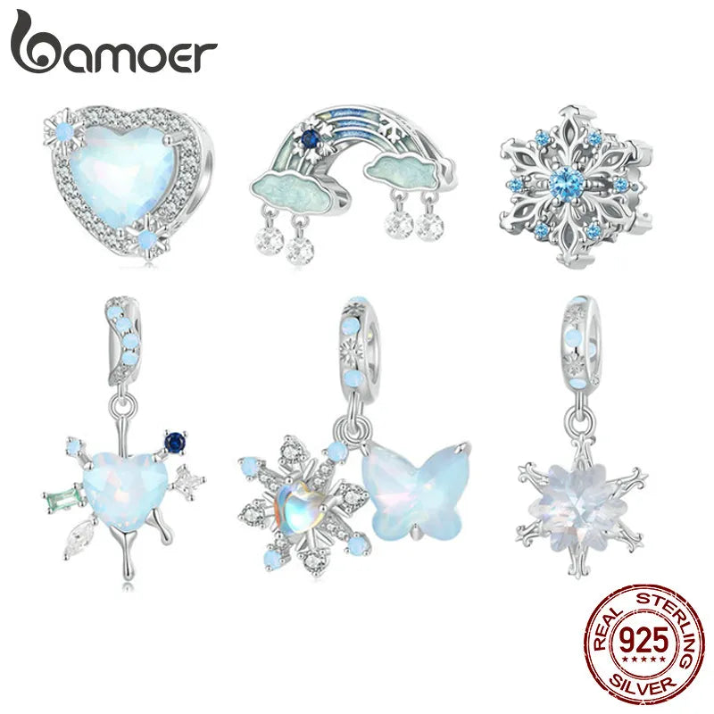 Bamoer 925 Sterling Silver Snow Butterfly Heart Love Charm Pendant Ice Flower Beads Women Fit Bracelet DIY Necklace Jewelry Gift