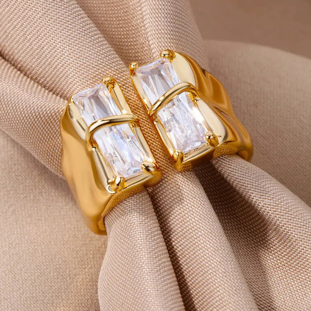 Irregular Square Zircon Rings For Women Stainless Steel Gold Plated Opening Ring Trend Wedding Party Fashion Jewerly Gift 2023