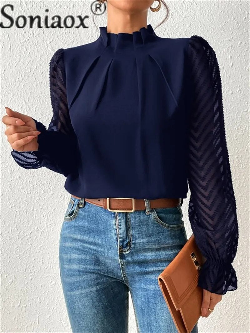 Elegant Half-turtleneck Pullover Solid Color Chiffon Shirt Women's Wave Print Ruffle Long Sleeve Blouse Ladies Casual Loose Tops