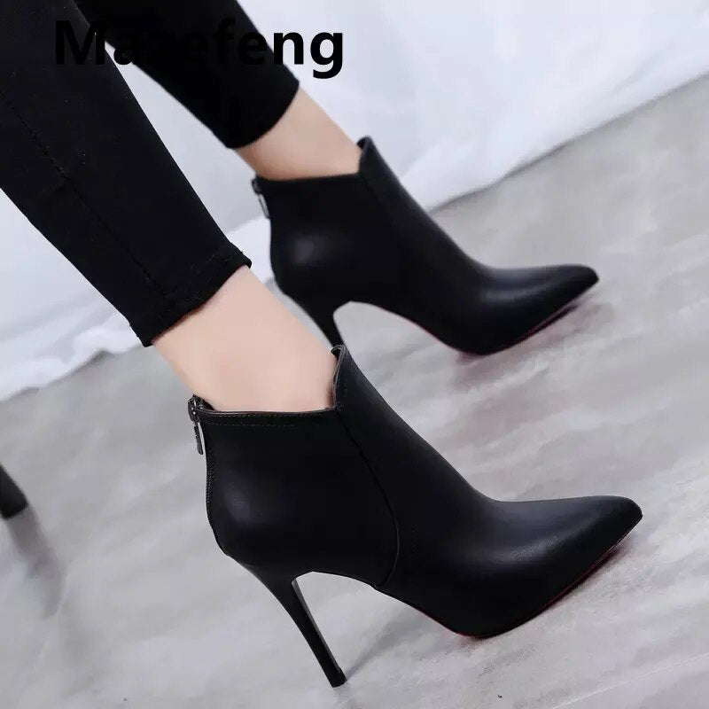 Women Pointed Toe Super High Heels Ankle Boots Autumn Winter Warm Short Plush Booties Woman Shiny Sequin Botas Mujer 2021