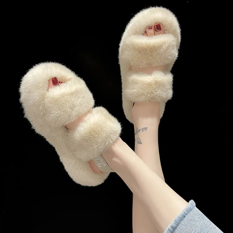 New Plush Slippers Women's Winter Outside  Anti Slip Indoor Flat Bottom Warm Cotton Slippers Med (3cm-5cm)  Shoes for Women