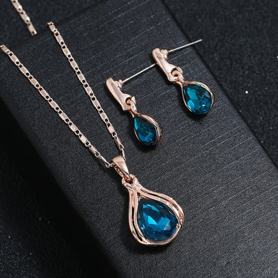 Fashion European and American Blue Zhihai Creative Geometric Wedding Earrings Necklace Set Women's Blue Green Water Drop Set