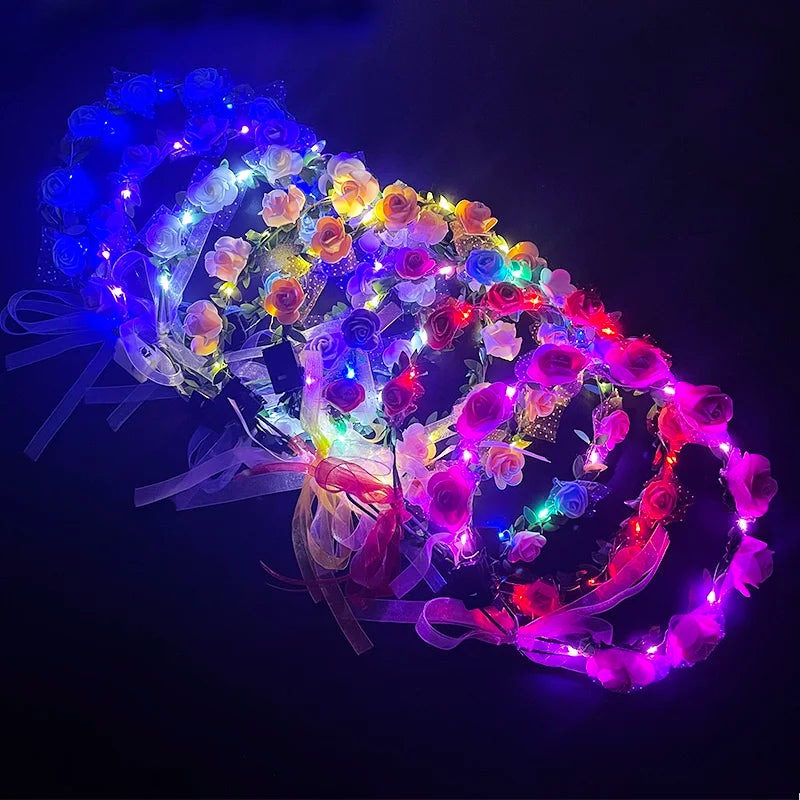 Luminous Rose Wreath LED Light Garland Wedding Party Flower Headband Decorations Women Girl Birthday Christmas Glow Hairband