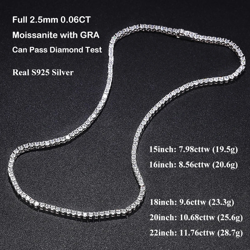 EWYA Sparkling Real Full 2.5/3/4/5mm D Color Moissanite Tennis Necklace for Women S925 Silver Diamond Neck Chain Necklaces Gift