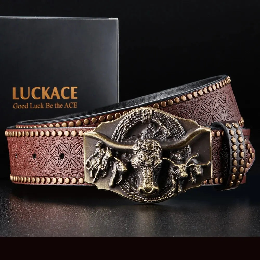 LUCKACE Vintage Design Mens Western Cowboy Belt Handmade Stylish Embossed Belt Good Gift for Husband Father Boyfriend Brothers