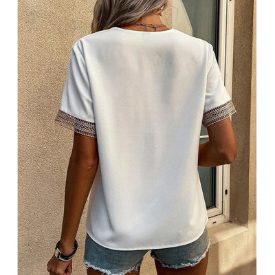 Blouse Vintage Women Lace Top V-Neck Chiffon Casual Tee Loose Female Clothing Elegant Chic Office Ladies T-shirt Fashion Summer