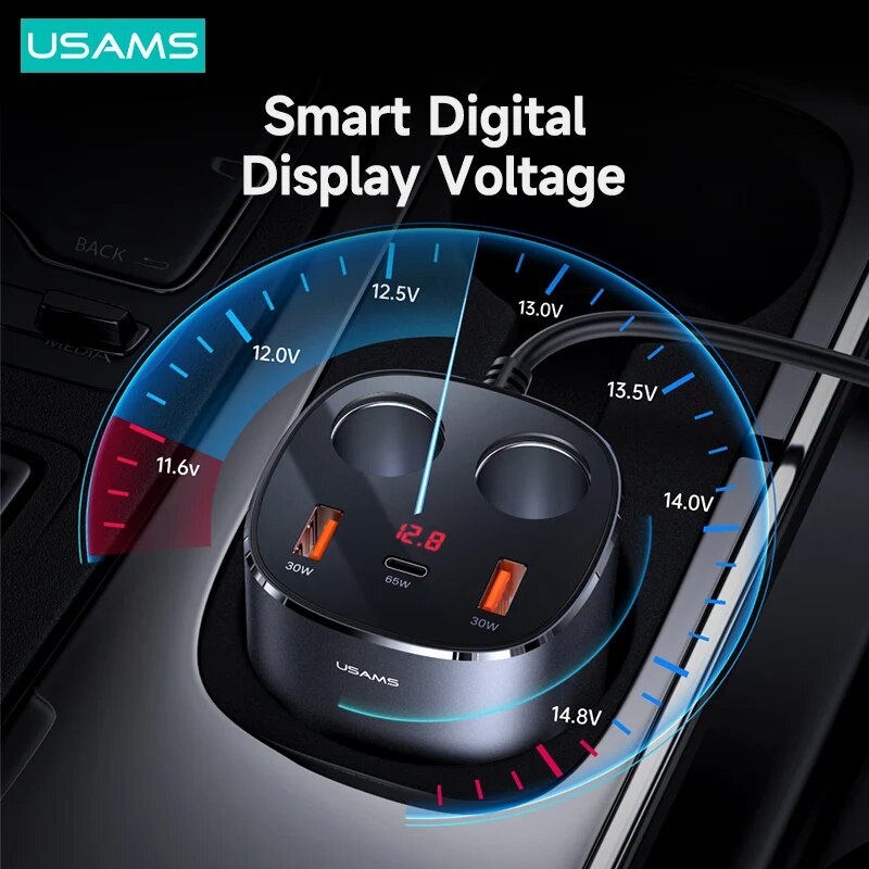 USAMS C28 Digital Display 245W Car Charger USB Type C 3 Ports And Dual Cigarette PD QC Fast Charging For iPhone Xiaomi Huawei