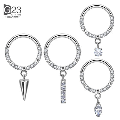 ASTM F136 Titanium Dangle Clicker Hoop Ring with Zircon 16G Double CZ Floating Dangle Tragus Helix Cartilage Charm Drop Earring