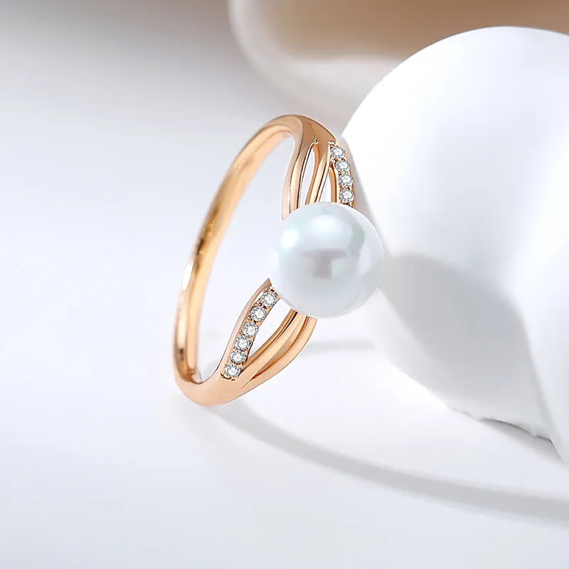 SYOUJYO Luxury Big Pearl Natural Zircon Ring For Women 585 Rose Gold Color Fine Jewelry Gift Original Design