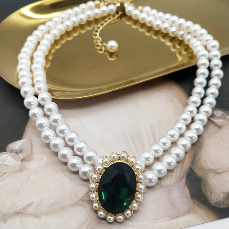 Classic Green Rhinestone Pearl Necklace Earrings For Women Lady Vintage Luxury Jewelry Wedding Party Pendant Collar Chokers