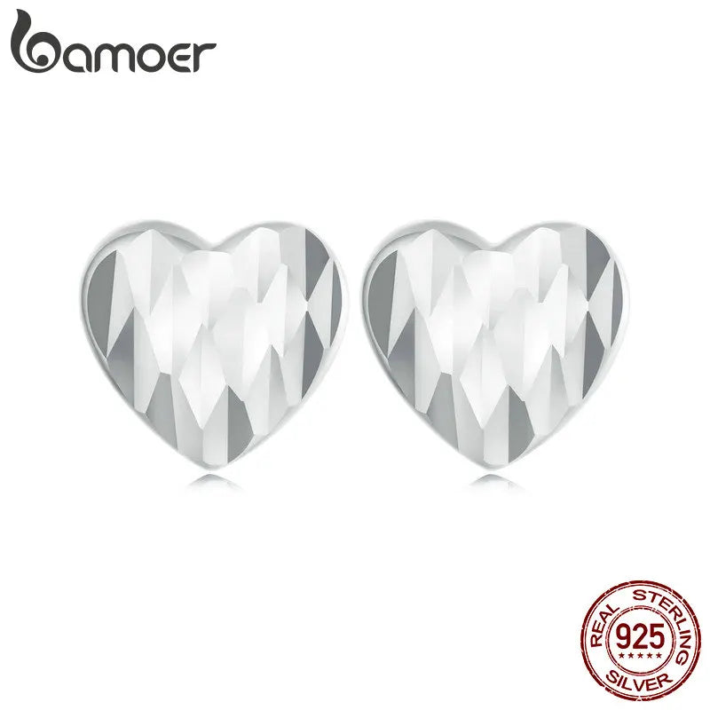 BAMOER 925 Sterling Silver Heart Shape Carvings Stud Earrings Hypoallergenic for Women and Teen Girls Elegant Fashion Jewellry