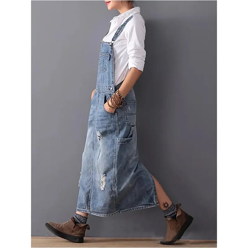 Women Denim Dresses Suspender Sleeveless Strap Straight Long Skirts Summer Loose Jumpsuit Overalls Jeans Dresses 2023 Vestidos