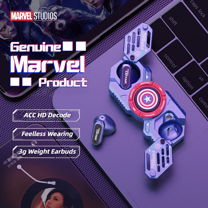 Disney Marvel Alloy Fingertip Spinner Headphones Wireless Bluetooth 5.4 TWS Earphones HiFi Stereo Sports Gaming Earbuds with Mic